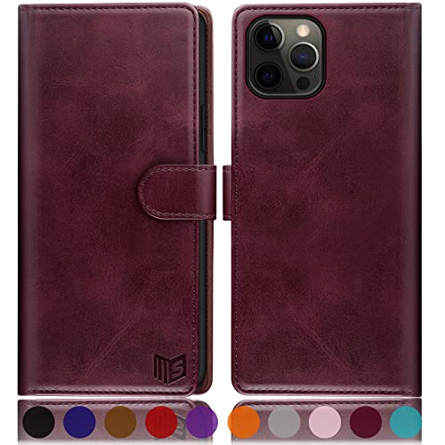 SUANPOT [RFID Schutz für iPhone 12/iPhone 12 Pro 6,1-Zoll Hülle PU Leder Handyhülle Lederhülle Klapphülle Kartenfach Flip Cover für Apple 12 Handy hülle Leather Wallet Phone Case Rotwein von SUANPOT