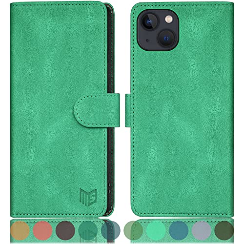 SUANPOT [RFID Schutz für iPhone 14 Plus 6.7" Hülle PU Leder Handyhülle Lederhülle Klapphülle Kartenfach Flip Cover für Apple 14 Plus Handy hülle Leather Wallet Phone Case Hellgrün von SUANPOT