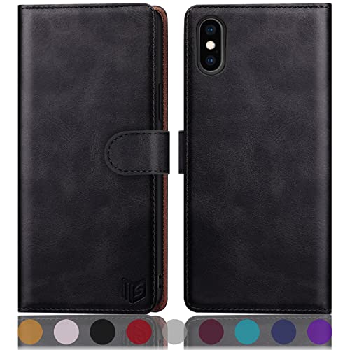 SUANPOT [RFID Schutz für iPhone X/XS 5,8-Zoll hülle PU Leder handyhülle Lederhülle klapphülle Kartenfach Flip Phone Case Cover für iPhone X/XS handyhülle Schwarz von SUANPOT