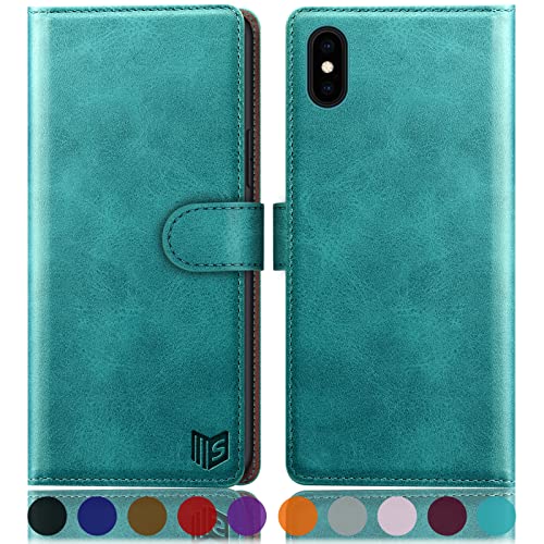 SUANPOT [RFID Schutz für iPhone XS Max 6,5-Zoll Hülle PU Leder Handyhülle Lederhülle Klapphülle Kartenfach Flip Cover für Apple XS Max Handy hülle Leather Wallet Phone Case Blau Grün von SUANPOT