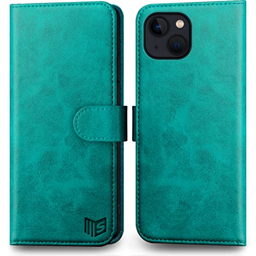 SUANPOT für iPhone 14 6.1" Flip Hülle [RFID Schutz][100% Echtleder][4 Kartenfächer] für Apple 14 Handy hülle Echtleder Wallet Phone Case Blau Grün von SUANPOT