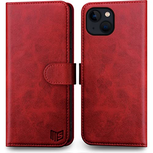 SUANPOT für iPhone 14 6.1" Flip Hülle [RFID Schutz][100% Echtleder][4 Kartenfächer] für Apple 14 Handy hülle Echtleder Wallet Phone Case Rot von SUANPOT