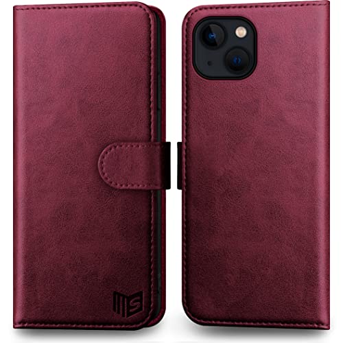 SUANPOT für iPhone 14 6.1" Flip Hülle [RFID Schutz][100% Echtleder][4 Kartenfächer] für Apple 14 Handy hülle Echtleder Wallet Phone Case Rotwein von SUANPOT