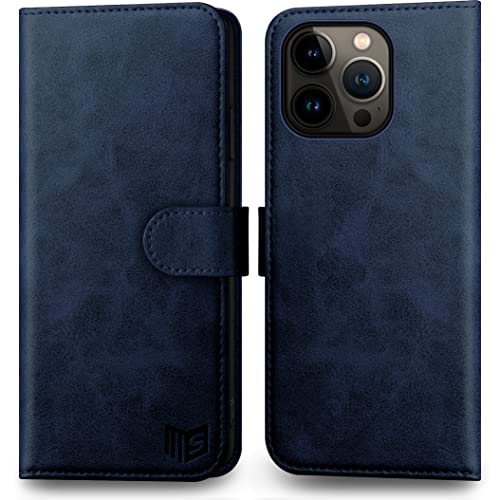 SUANPOT für iPhone 14 Pro Max 6.7" Flip Hülle [RFID Schutz][100% Echtleder][4 Kartenfächer] für Apple 14 ProMax Handy hülle Echtleder Wallet Phone Case Dunkel Blau von SUANPOT