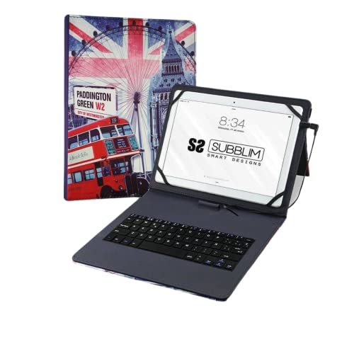 SUBBLIM Tablet-Schutzhülle mit Micro-USB-Tastatur, spanische Tastatur, von 25,6 cm bis 27,9 cm (10,1 Zoll), elastisches Band, USB C, Robustes Silikon-Befestigungssystem, Bedruckt von SUBBLIM