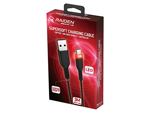 Subsonic Raiden - USB C Lade- und Übertragungskabel, Supersoft Anti-Knoten 3 Meter, LED-Hintergrundbeleuchtung für PS5-Controller von SUBSONIC