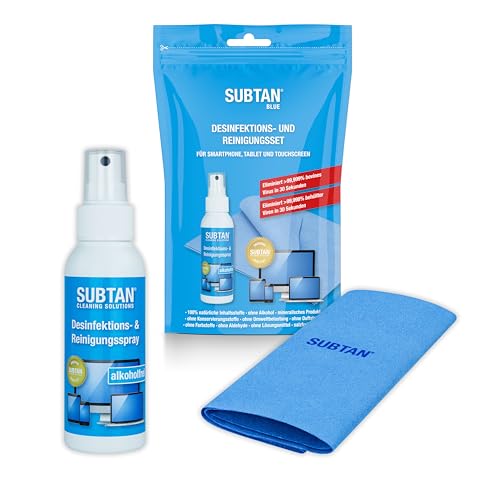 SUBTAN Blue Pocket - Desinfektion und Reinigung für Smartphone, Tablet und Touchscreen - 100 ml Desinfektionsspray 100% natürlich - ohne Alkohol - Displaytuch 30 x 38 cm - Made in Germany von SUBTAN