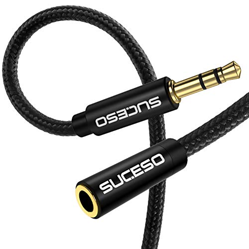 SUCESO Klinke Audio Verlängerungskabel 2M Aux Kabel Nylon 3.5mm Stereo Stecker auf Buchse Klinke Audio Verlängerungskabel Headset Verlängerung mit Smartphones Kopfhörer Tablets Autoradios usw-Schwarz von SUCESO