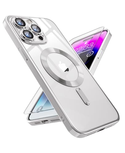 SUCGLES Magnetische Klar für iPhone 14 Pro Hülle, mit vollem Kameraschutz + Glas-Displayschutzfolie, kompatibel mit Mag Safe, stoßfest, schlank, dünn, Telefonhülle, Damen, Mädchen, Herren, 14pro von SUCGLES