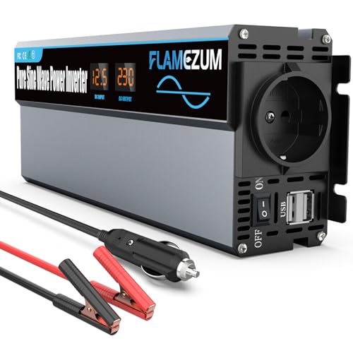 1000W KFZ Spannungswandler 12v auf 230v Reiner Sinus Wechselrichter -Auto Inverter Konverter mit 1 EU Steckdosen und 2 USB Autoladegerät Power Solar Inverter DC AC Umwandler Stromwandler von SUDOKEJI