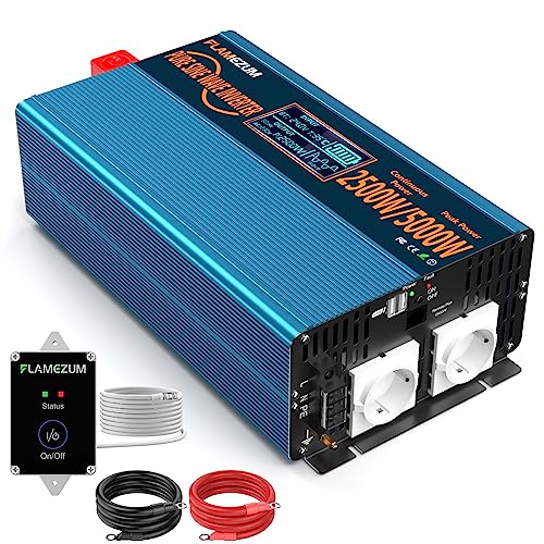 2500W Reiner Sinus Wechselrichter DC 12V auf AC 230V Spannungswandler Power Inverter mit 2.4A Doppelte USB-Anschlüsse und Fernbedienung und LCD-Anzeige für Sonnenkollektor von SUDOKEJI