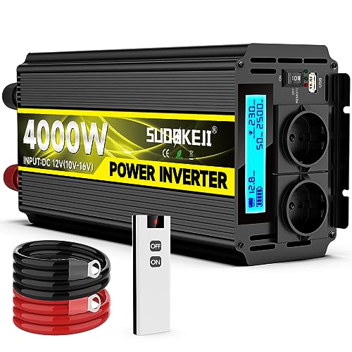 4000W Modifizierter Sinus Wechselrichter 12V auf 230V Spannungswandler Power Inverter mit LCD-Bildschirm & Fernbedienung & Dual 2.4A USB-Anschlüsse EU-Steckdose für Wohnmobil Auto von SUDOKEJI