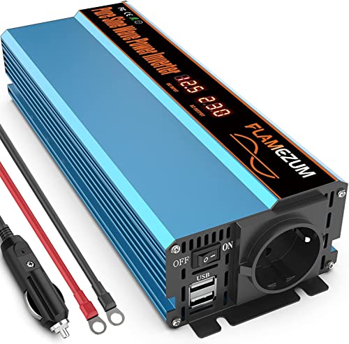 FLAMEZUM 1000W Wechselrichter 12V auf 230V Reiner Sinus Umwandler -Auto Spannungswandler Inverter Konverter mit 1 EU Steckdose und 2 x 3.4A 5V USB-Port von SUDOKEJI