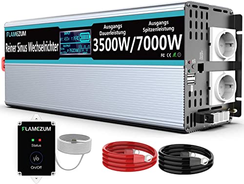 FLAMEZUM 3500W Reiner Sinus Wechselrichter 12V auf 230V Spannungswandler Power Inverter mit Fernbedienung LED-Anzeige & 2 EU AC Steckdosen & 2 USB Port für Auto, Wohnwagen, Boot, Camping von SUDOKEJI