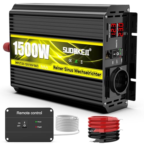 SUDOKEJI Spannungswandler 1500W/3000W Reiner Sinus Wechselrichter 12V auf 230V EU-Steckdose mit LCD Bildschirm und Fernbedienung,USB-Port für Kfz LKW Camping von SUDOKEJI