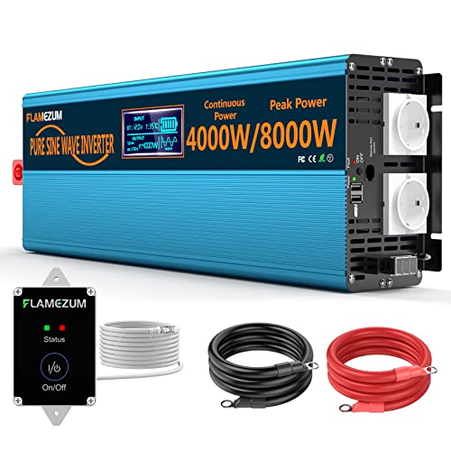 Wechselrichter 12V auf 230V Reiner Sinus 4000W Spannungswandler Umwandler-Inverter Konverter mit Fernbedienung LED-Anzeige 2 EU-Steckdosen & 2 USB-Anschluss für Wohnwagen, Boot, Camping von SUDOKEJI