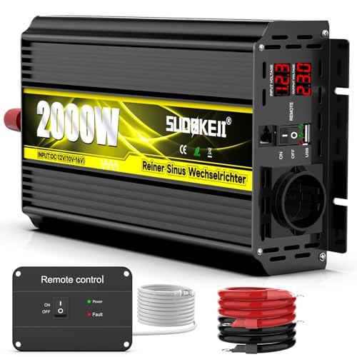 Wechselrichter 12v auf 230v Reiner Sinus 2000W KFZ Reine Sinuswelle Spannungswandler Umwandler-Inverter Konverter mit EU-Steckdose LCD Digital Anzeig Konverter für Häuser, Wohnwagen, Solaranlagen von SUDOKEJI