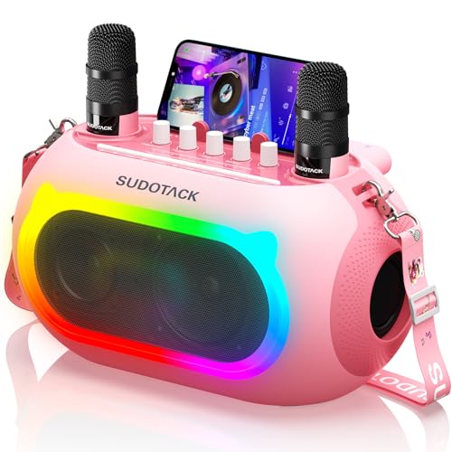 SUDOTACK Karaoke Maschine mit 2 Kabellose Mikrofone, Bluetooth Lautsprecher Box mit Bass-/Höhen-Einstellung, Für Party, Outdoor, Hochzeit, Kirche, Picknick, Geschenk, Erwachsene/Kinder, Pink von SUDOTACK