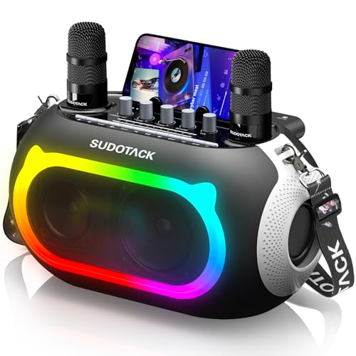 SUDOTACK Karaoke Maschine mit 2 Kabellose Mikrofone,Bluetooth Lautsprecher Box mit Bass-/Höhen-Einstellung, Für Party, Outdoor, Hochzeit, Kirche, Picknick, Geschenk, Erwachsene/Kinder, Schwarz von SUDOTACK