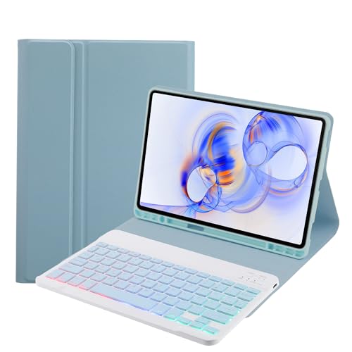 SUEEWE Tastatur Hülle für Samsung Galaxy Tab A9+/A9 Plus 11" (SM-X210/X215/X216/X218) 2023, TPU Rückseite Hülle mit 3 Bereich 7 Farbe Beleuchtete Abnehmbarer QWERTZ Tastatur, Blau von SUEEWE