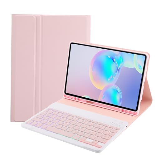 SUEEWE Tastatur Hülle für Samsung Galaxy Tab A9+/A9 Plus 11" (SM-X210/X215/X216/X218) 2023, TPU Rückseite Hülle mit 3 Bereich 7 Farbe Beleuchtete Abnehmbarer QWERTZ Tastatur, Rosa von SUEEWE