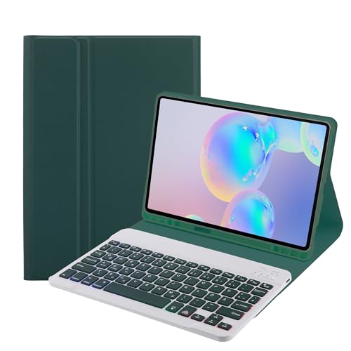 SUEEWE Tastatur Hülle für Samsung Galaxy Tab S9 FE/S9 11" (SM-X710/X716B/X718U/X510/X516B) 2023, TPU Rückseite Hülle mit 3 Bereich 7 Farbe Beleuchtete Abnehmbarer QWERTZ Tastatur, Dunkelgrün von SUEEWE