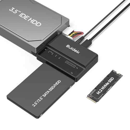 SUIDEK NVMe M.2 zu SATA Adapter, USB 10Gbps Festplattenlesegerät, PCIe NVMe, SATA und IDE Adapter, SSD Gehäuse unterstützt M.2(M Key&M+B Key) SSDs Aller Größen, 2,5/3,5 SATA SSD HDDs und 3,5 IDE HDDs von SUIDEK