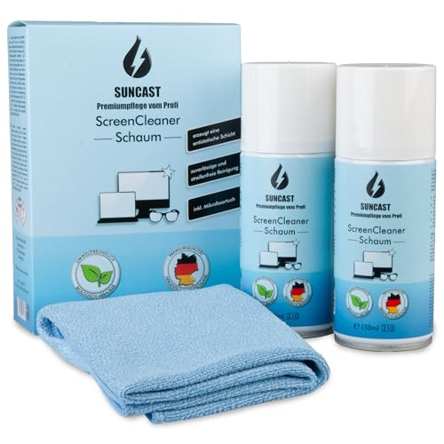 SUNCAST Schaum 2 x 150ml Screen Cleaner Set inkl. Mikrofasertuch | Premiumpflege vom Profi | streifenfreier und rückstandsfreier Bildschirmreiniger | Handy, Laptop, PC, Tablet, Display, Brille von SUNCAST Premiumpflege vom Profi