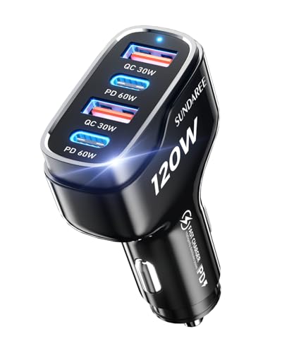 SUNDAREE Auto Ladegerät USB C,120W 4 Port 12V 24V Kfz Typ PD QC Schnellladen 4Fach Handy Zigarettenanzünder Adapter für Samsung S24 A55/iPhone 15/Google Pixel 8/Redmi Note 13 /MacBook/iPad/Galaxy Tab SUNDAREE Auto Ladegerät USB C,120W 4 Port 12V 24V Kfz Typ PD QC Schnellladen 4Fach Handy Zigarettenanzünder Adapter für Samsung S24 A55/iPhone 15/Google Pixel 8/Redmi Note 13 /MacBook/iPad/Galaxy Tab von SUNDAREE