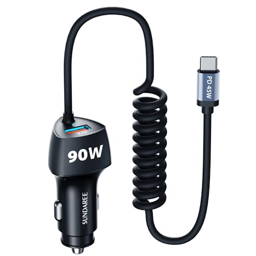 SUNDAREE Auto Ladegerät USB C Kabel,51W 12V 24V Kfz Handyladegeräte PD Typ C Schnellladen 1.8M Spiral Einziehbares Ladekabel Zigarettenanzünder Adapter für Samsung A53 A54/iPhone 15/Redmi note 12/POCO von SUNDAREE