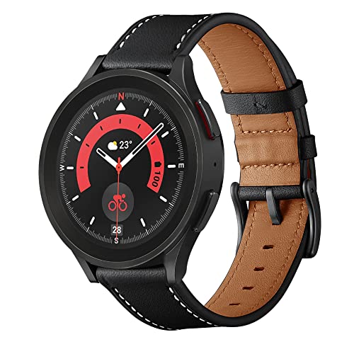 SUNDAREE Kompatibel mit Galaxy Watch 4/5 Armband,20mm Schwarz Leder Ersatz Lederarmband Band Uhrenarmband für Samsung Watch 4 5 40MM 44MM/4 Classic 42MM 46MM/5 Pro 45MM/Active 2/3 41MM/Gear Sport von SUNDAREE