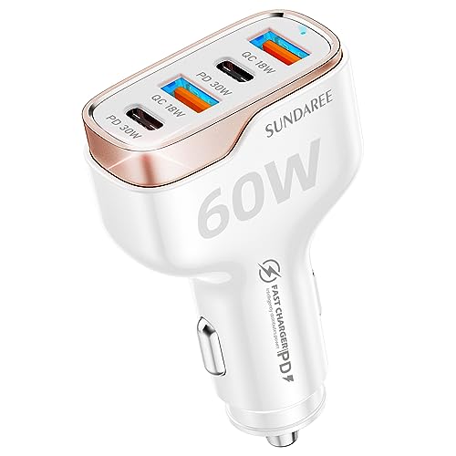 SUNDAREE Ladegerät Zigarettenanzünder 4 Port, 60W 12V 24V 4Fach QC PD Type C Schnellladen USB C Auto Kfz Handy Ladegerät Adapter für Samsung A33 A53/iPhone 14/Google Pixel 6a/Poco F5/Redmi Note 12 von SUNDAREE