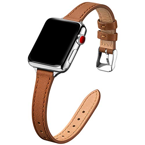 SUNFWR Kompatibel mit Apple Watch Armband 38mm 40mm 41mm,Echtes Ersatz Lederarmband,Schlank und Leicht Armband für die iwatch Serie Ultra/8/7/6/5/4/3/2/1,SE(Braun&Silber) von SUNFWR