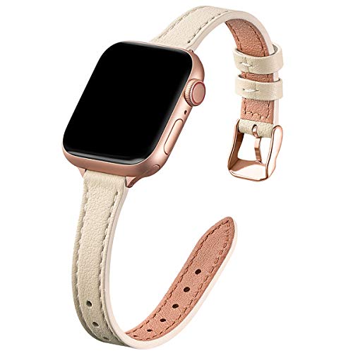 SUNFWR Kompatibel mit Apple Watch Armband 38mm 40mm 41mm,Echtes Ersatz Lederarmband,Schlank und Leicht Armband für die iwatch Serie Ultra/8/7/6/5/4/3/2/1,SE(Elfenbein Weiß&Roségold) von SUNFWR