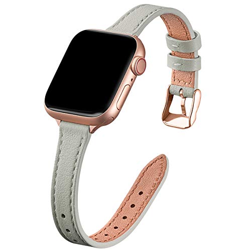 SUNFWR Kompatibel mit Apple Watch Armband 38mm 40mm 41mm,Echtes Ersatz Lederarmband,Schlank und Leicht Armband für die iwatch Serie Ultra/8/7/6/5/4/3/2/1,SE(Grau&Roségold) von SUNFWR