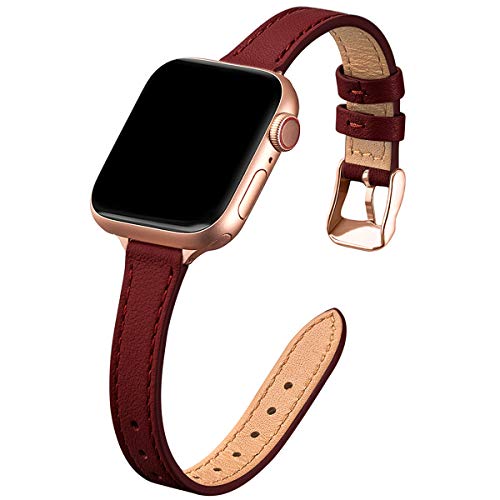 SUNFWR Kompatibel mit Apple Watch Armband 38mm 40mm 41mm,Echtes Ersatz Lederarmband,Schlank und Leicht Armband für die iwatch Serie Ultra/8/7/6/5/4/3/2/1,SE(Wein rot&Roségold) von SUNFWR