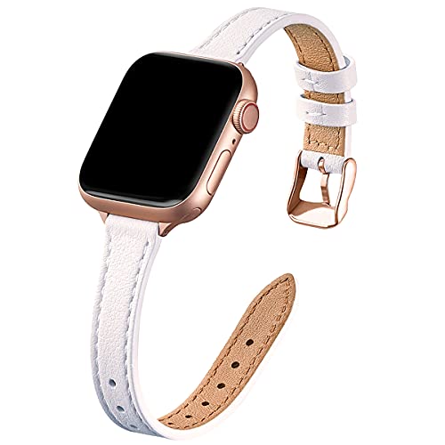 SUNFWR Kompatibel mit Apple Watch Armband 38mm 40mm 41mm,Echtes Ersatz Lederarmband,Schlank und Leicht Armband für die iwatch Serie Ultra/8/7/6/5/4/3/2/1,SE(Weiß&Roségold) von SUNFWR