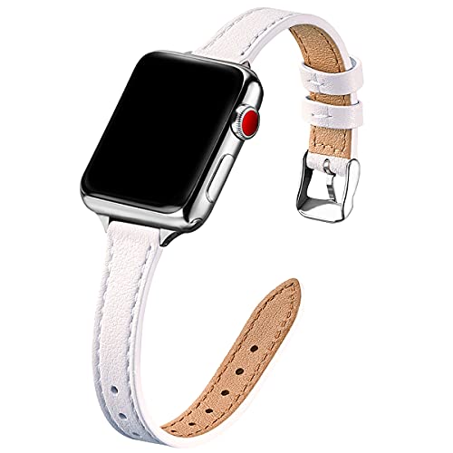 SUNFWR Kompatibel mit Apple Watch Armband 38mm 40mm 41mm,Echtes Ersatz Lederarmband,Schlank und Leicht Armband für die iwatch Serie Ultra/8/7/6/5/4/3/2/1,SE(Weiß&Silber) von SUNFWR