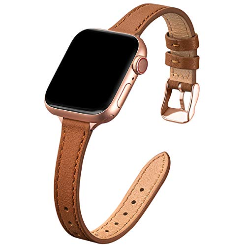 SUNFWR Kompatibel mit Apple Watch Armband 42mm 44mm 45mm 49mm,Echtes Ersatz Lederarmband,Schlank und Leicht Armband für die iwatch Serie Ultra/8/7/6/5/4/3/2/1,SE(Braun&Roségold) von SUNFWR