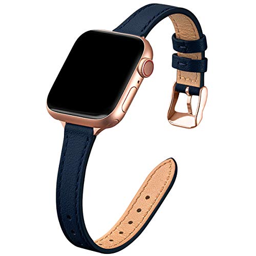 SUNFWR Kompatibel mit Apple Watch Armband 42mm 44mm 45mm 49mm,Echtes Ersatz Lederarmband,Schlank und Leicht Armband für die iwatch Serie Ultra/8/7/6/5/4/3/2/1,SE(Dunkelblau&Roségold) von SUNFWR