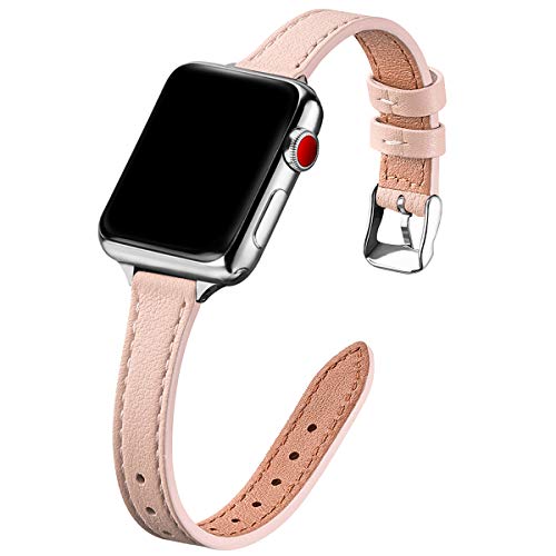 SUNFWR Kompatibel mit Apple Watch Armband 42mm 44mm 45mm 49mm,Echtes Ersatz Lederarmband,Schlank und Leicht Armband für die iwatch Serie Ultra/8/7/6/5/4/3/2/1,SE(Rosa Sand&Silber) von SUNFWR