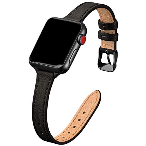 SUNFWR Kompatibel mit Apple Watch Armband 42mm 44mm 45mm 49mm,Echtes Ersatz Lederarmband,Schlank und Leicht Armband für die iwatch Serie Ultra/8/7/6/5/4/3/2/1,SE(Schwarz&Schwarz) von SUNFWR