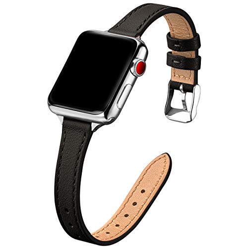 SUNFWR Kompatibel mit Apple Watch Armband 42mm 44mm 45mm 49mm,Echtes Ersatz Lederarmband,Schlank und Leicht Armband für die iwatch Serie Ultra/8/7/6/5/4/3/2/1,SE(Schwarz&Silber) von SUNFWR