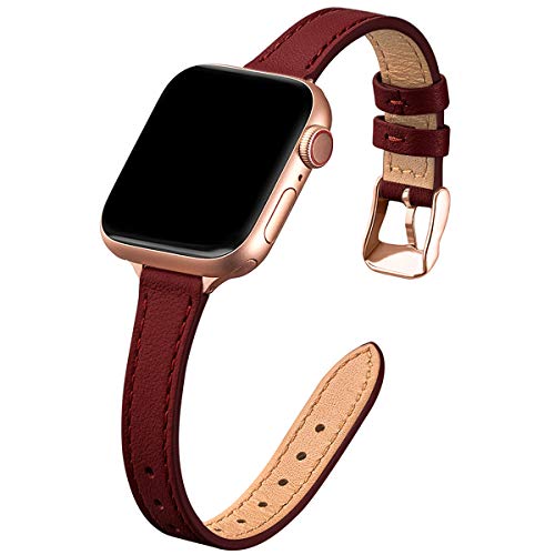 SUNFWR Kompatibel mit Apple Watch Armband 42mm 44mm 45mm 49mm,Echtes Ersatz Lederarmband,Schlank und Leicht Armband für die iwatch Serie Ultra/8/7/6/5/4/3/2/1,SE(Wein rot&Roségold) von SUNFWR
