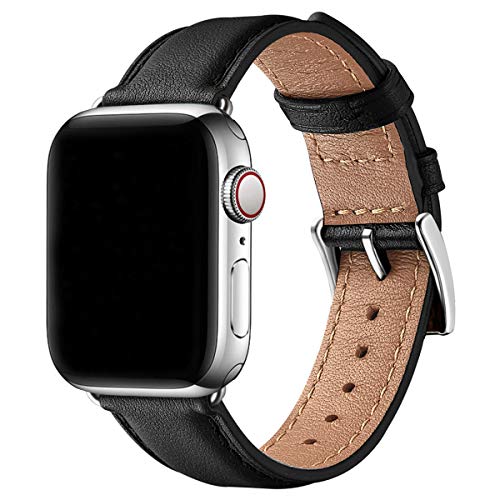 SUNFWR Lederarmbänder für Apple Watch Armband 44 mm 45 mm 42 mm 49mm, Herren Damen Ersatz Original Lederband für iWatch Serie 9 8 7 6 5 4 3 2 1/SE (42 mm 44mm 45mm 49mm,Schwarz/Silber) von SUNFWR