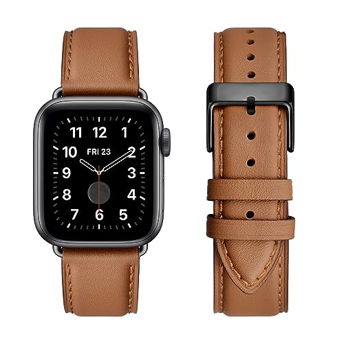 SUNFWR Lederbänder für Apple Watch Armband 42mm 44mm 45mm 49mm,Männer Frauen Ersatz-Echtlederband für Apple Watch Ultra iwatch Serie 9 Serie 8 7 6 5 4 3 2 1,Sport,Edition(Braun&Schwarz) von SUNFWR