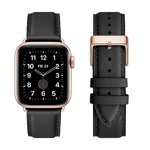 SUNFWR Lederbänder für Apple Watch Armband 42mm 44mm 45mm 49mm,Männer Frauen Ersatz-Echtlederband für Apple Watch Ultra iwatch Serie 9 Serie 8 7 6 5 4 3 2 1,Sport,Edition(Schwarz&Roségold) von SUNFWR