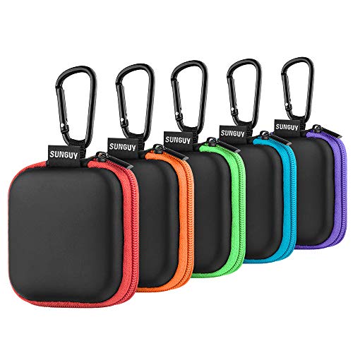 SUNGUY Kopfhörer Tasche [5 Stück] Square Mini Earbud Case mit Karabiner Tragbar Tragetasche Etui für Kopfhörer,Kabelloser Kopfhörer,USB-Kabel,Karten- Grün + Lila + Rot + Blau + Orange von SUNGUY