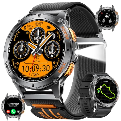 GPS Smartwatch Herren mit LED Taschenlampe,1.43‘’Amoled Display,Fitnessuhr mit 530 mAh Große Batterie/5ATM Wasserdicht,Herzfrequenz/Schrittzähler/Kompass/Höhenmesser,170+ Sport Modi für iOS Android GPS Smartwatch Herren mit LED Taschenlampe,1.43‘’Amoled Display,Fitnessuhr mit 530 mAh Große Batterie/5ATM Wasserdicht,Herzfrequenz/Schrittzähler/Kompass/Höhenmesser,170+ Sport Modi für iOS Android von SUNKTA