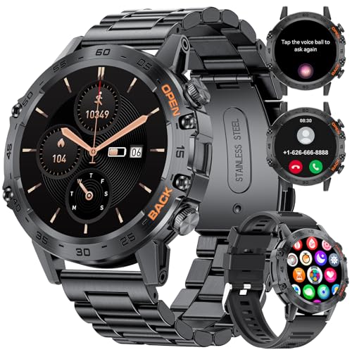 Herren Smartwatch Bluetooth Telefonischer Anruf für Android iOS 400 mAh 100+ Sport Modus Männer Smartwatch 2 Armbänder schwarz Edelstahl Smartwatch Herren Herzfrequenz Schlaf Gesundheit Monitor von SUNKTA